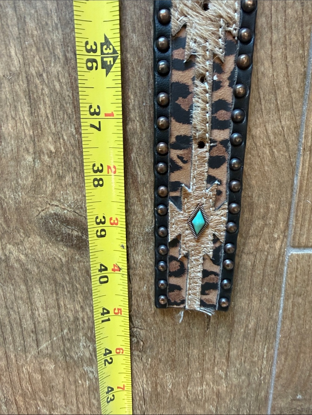 Nocona Brown Leopard Print Leather Belt with Calf Hide and Turquoise Accents - Picture 7 of 11